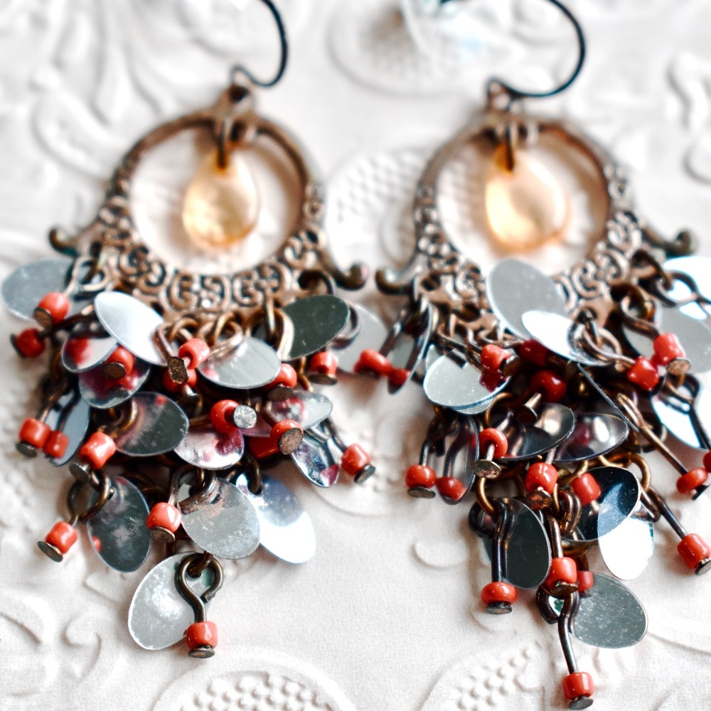 💞💗 Vintage Bronze Bohemian Antiqued Metal Beaded Chandelier Statement Earring